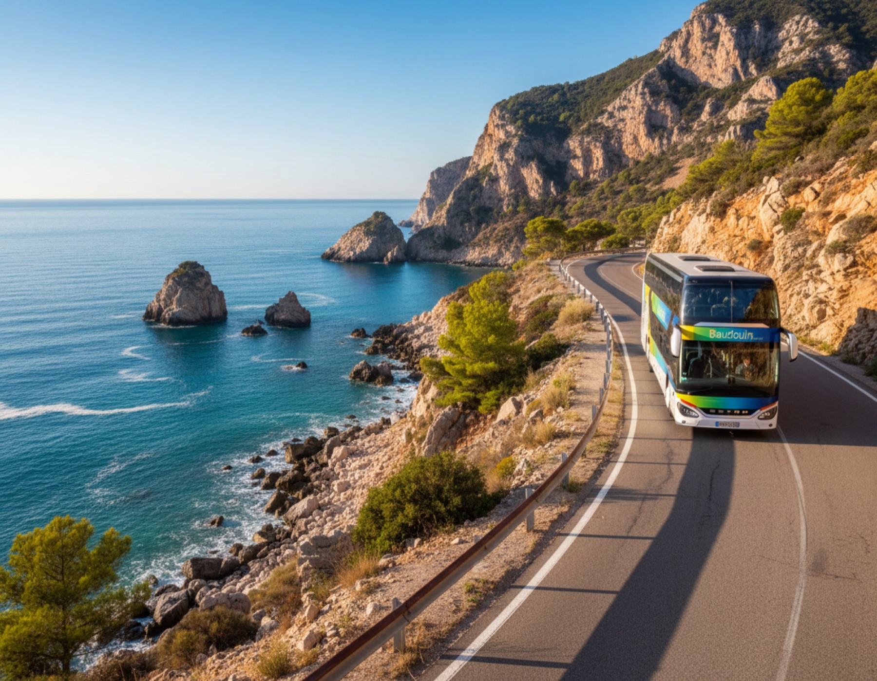 Autocar Voyages Baudouin sur une route côtière atlantique