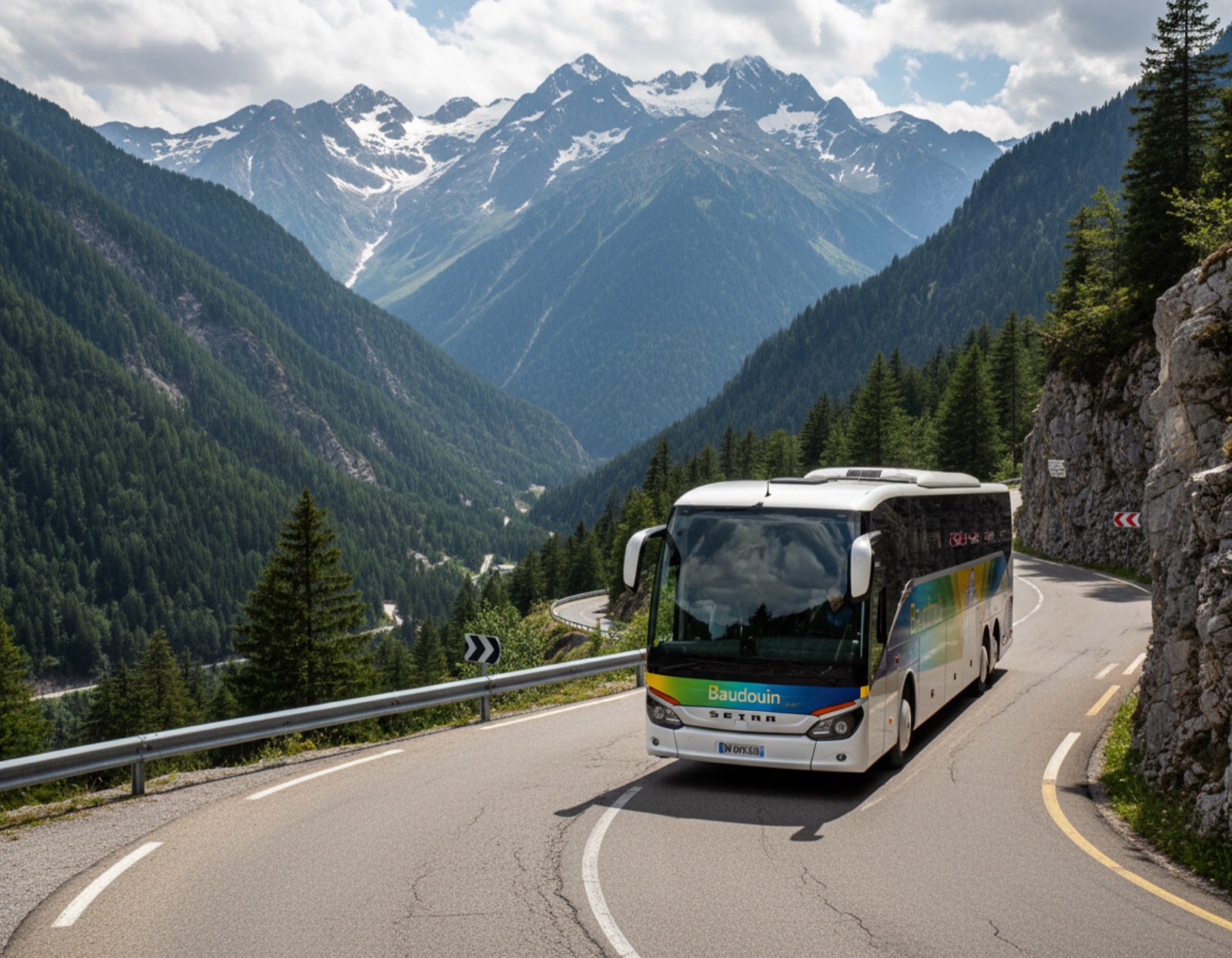 Autocar grand tourisme sur une route alpine en Europe